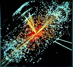 Una traza hipotética del bosón de Higgs en una colisión simulada de protón-protón. Foto: Lucas Taylor