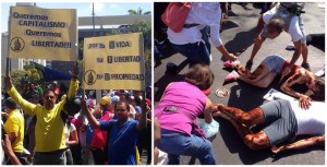 A la izquierda, las reivindicaciones de la extrema derecha venezolana. A la derecha, un grupo de manifestantes opositores a Maduro se pintan de rojo para simular sangre.