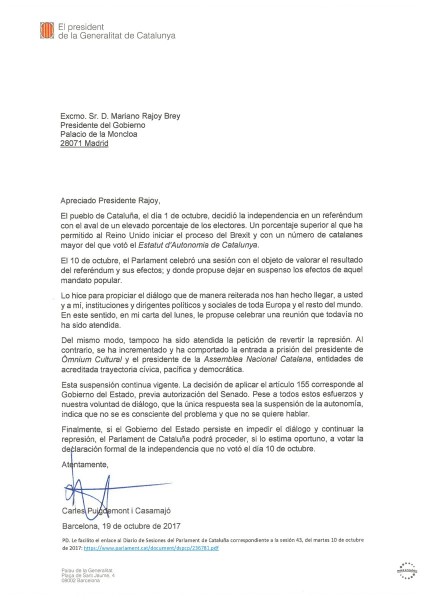 Carta de Puigdemont a Rajoy (19/10/2017).
