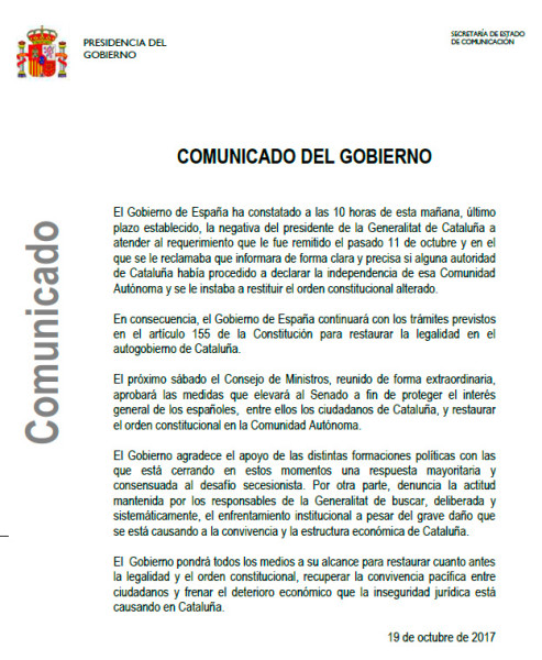 Comunicado del Gobierno español en respuesta a la carta de Puigdemont (19/10/2017)