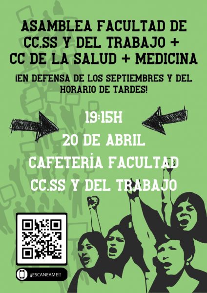 Cartel de la asamblea de Precarias Unizar el 20 de abril a las 19.15 horas en la cafetería de la facultad de Ciencias Sociales y del Trabajo de la Universidad de Zaragoza