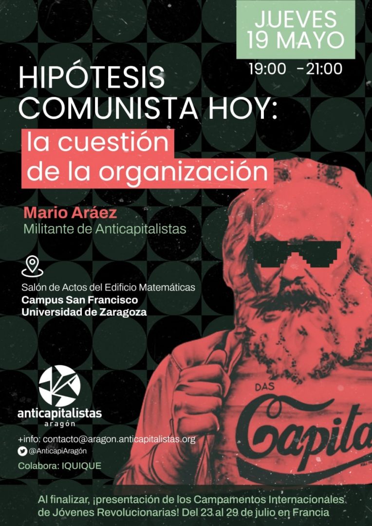 cartel de anticapitalistas con marx de fondo