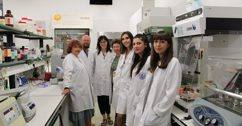 Un grupo de siete científicas en su laboratorio con bata blanca