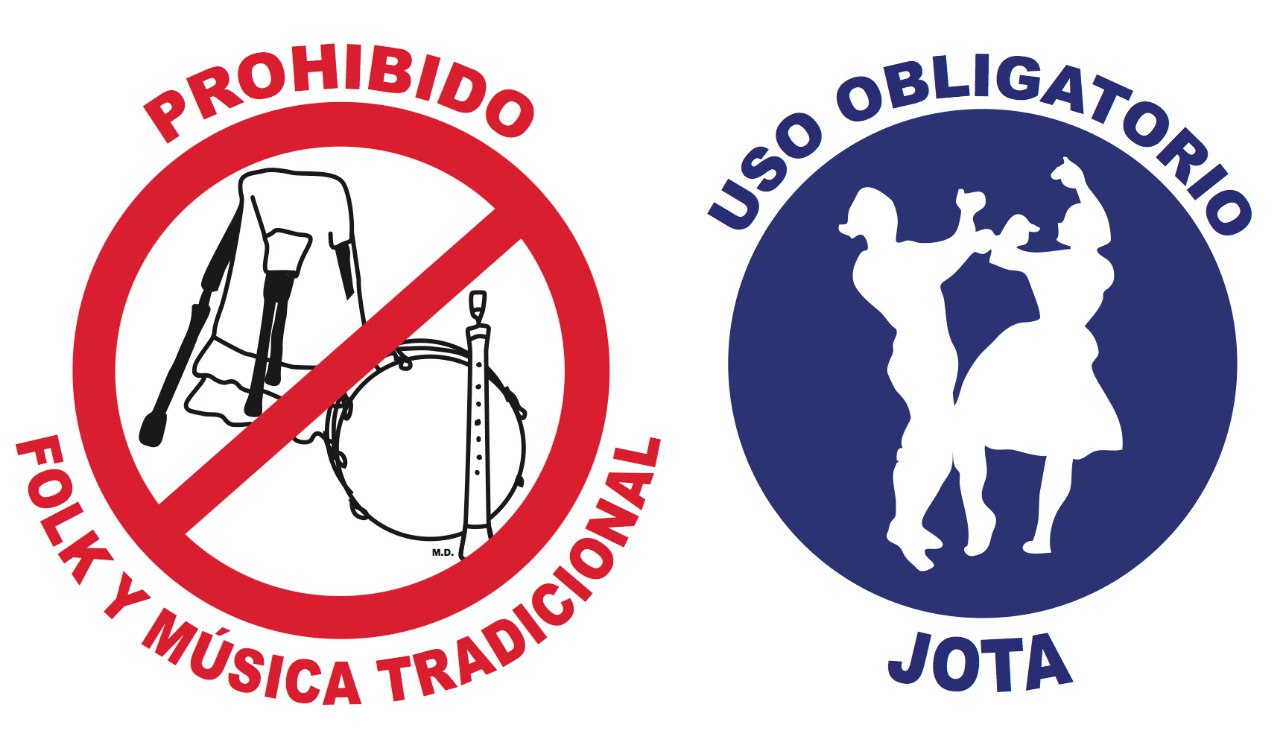 cartel con un prohibido folk y luego con una señal de uso obligatorio jota en referencia a la programación de las fiestas