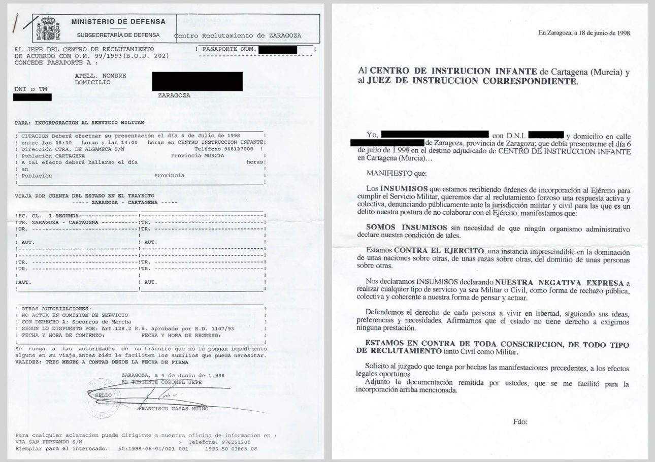 A la izquierda, la carta que nos envíaba el Ministerio de Defensa. A la derecha, la negativa insumisa con la que contestábamos / Archivo CAMPI Aragón