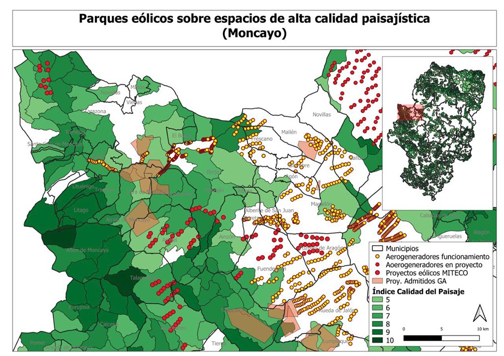 Mapa de los parques eólicos del Moncayo elaborado por IU con datos del Gobierno de Aragón y del MITECO