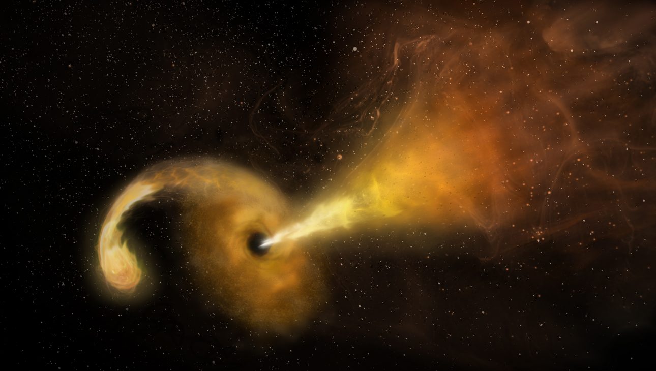 Recreación artística. La estrella se acerca demasiado. La mitad de la estrella es expulsada del sistema, y la otra mitad es arrastrada hacia el agujero negro, que responde eyectando ese material en forma de chorro. Créditos: Sophia Dagnello, NRAO/AUI/NSF.