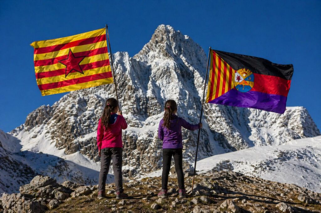 Estrelada y la bandera del Consejo de Aragón frente al Pico Aspe | Imagen generada por IA