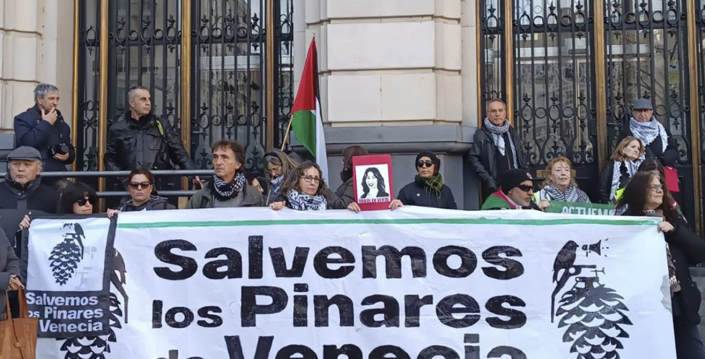 Pancarta de la Plataforma “Salvemos los Pinares de Venecia” en la movilización de The Surge de este fin de semana en Zaragoza | Foto: AECA Aragón