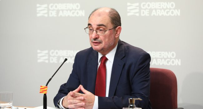 Lambán durante la videoconferencia de presidentes territoriales y Pedro Sánchez de este domingo. Foto: DGA