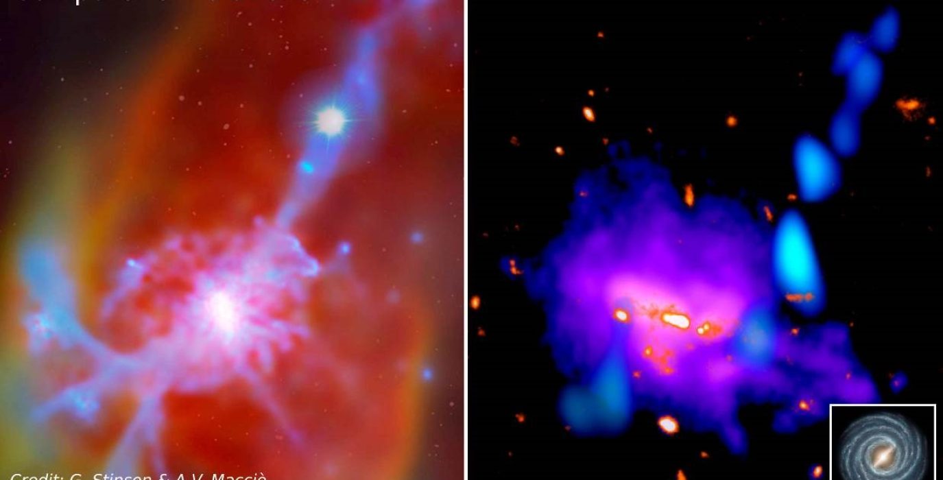 La imagen muestra, a la izquierda, simulaciones por ordenador de una corriente cósmica (Crighton et al. 2012), y a la derecha las observaciones de la corriente cósmica fluyendo hacia la Galaxia del Hormiguero