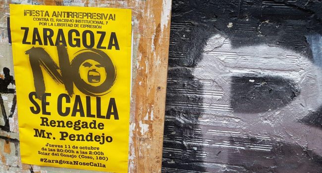 Cartel de la Fiesta Antirrepresiva en una calle de Zaragoza. Foto: @igoiz17 (AraInfo)