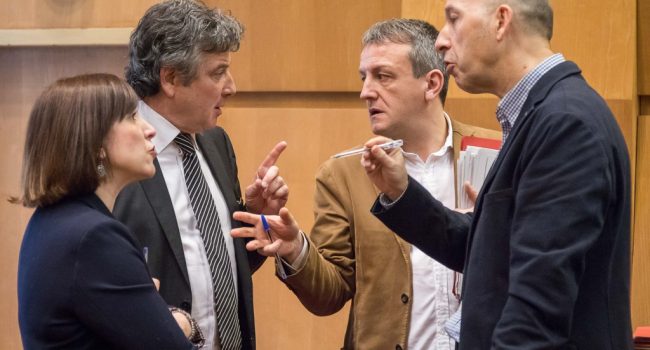 Sara Fernández (Cs), Javier Trívez (PSOE), Fernando Rivarés (ZeC) y Carmelo Asensio (CHA) en un momento de la comisión.