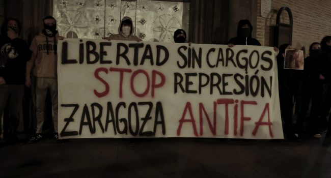 Pancarta principal de la movilización antifascista de este viernes en Zaragoza | Foto: Frantic St Anger / AraInfo