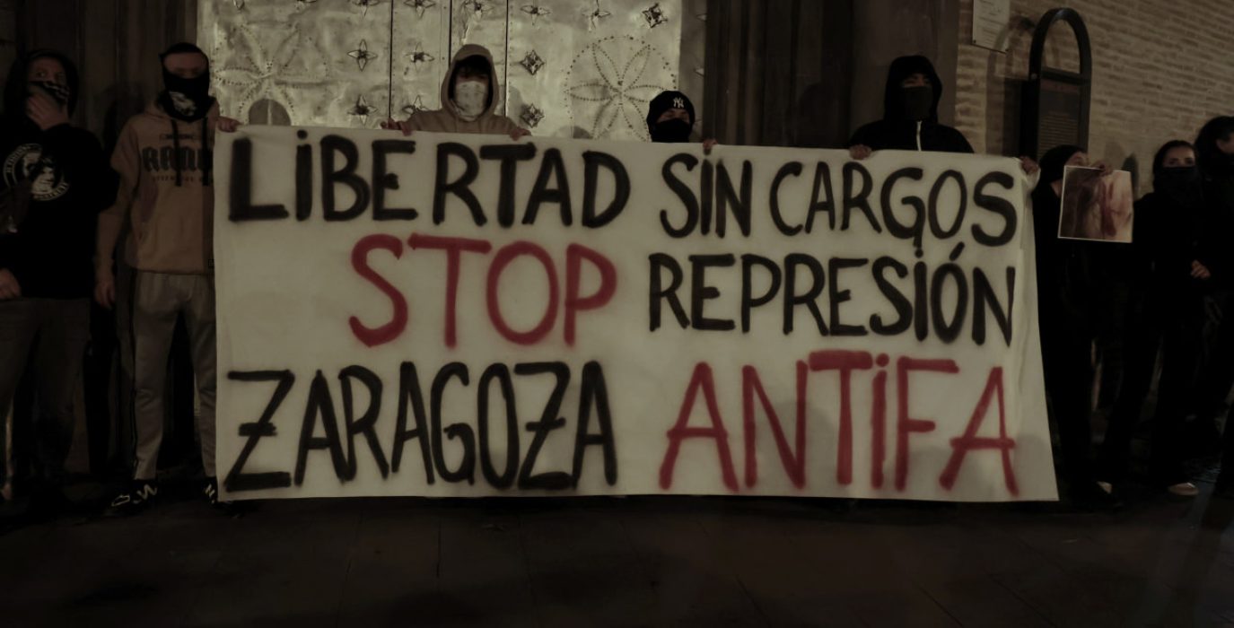 Pancarta principal de la movilización antifascista de este viernes en Zaragoza | Foto: Frantic St Anger / AraInfo