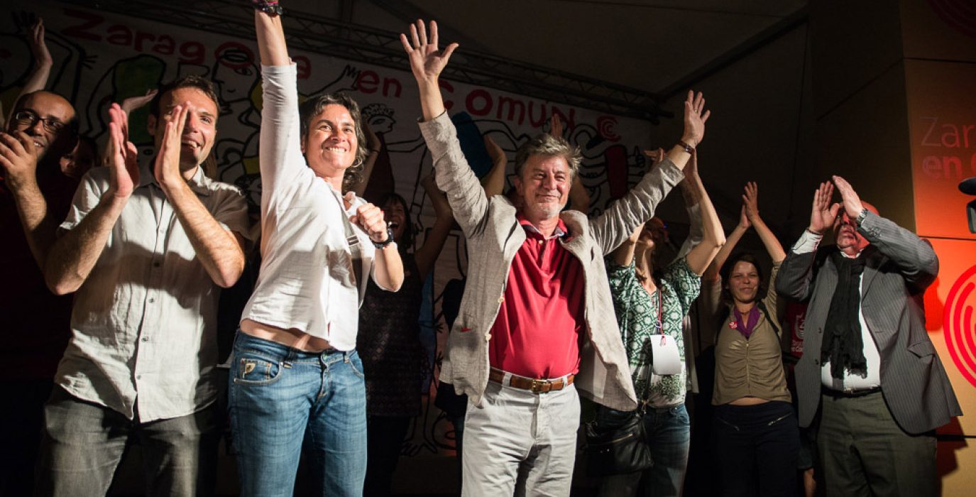 Alberto Cubero, Pablo Muñoz, Luisa Broto y Pedro Santisteve durante la celebración de los resultados de ZeC el 24M de 2015. Foto: Pablo Ibáñez (AraInfo)