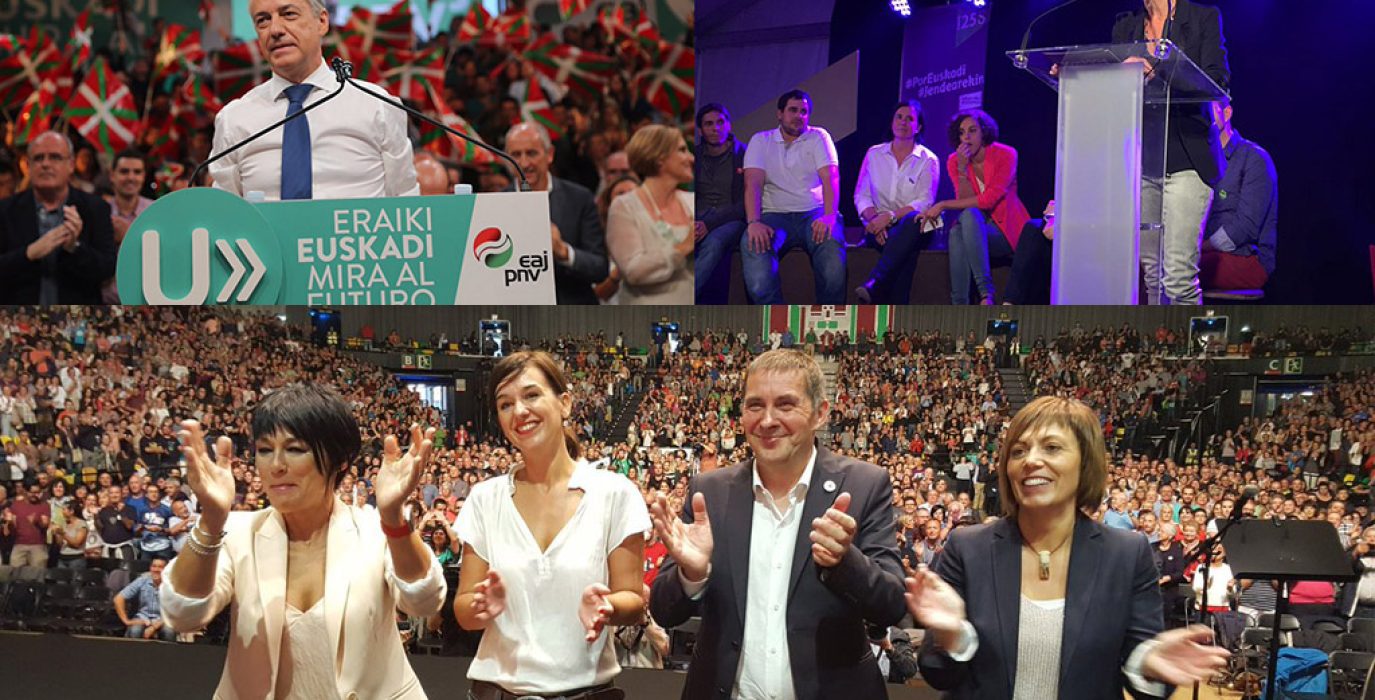 De izquierda a derecha y de arriba a abajo: Iñigo Urkullu (PNV); Pili Zabala (Elkarrekin Podemos); Maddalen Iriarte, Jasone Agirre, Arnaldo Otegi y Miren Larrion (EH Bildu).