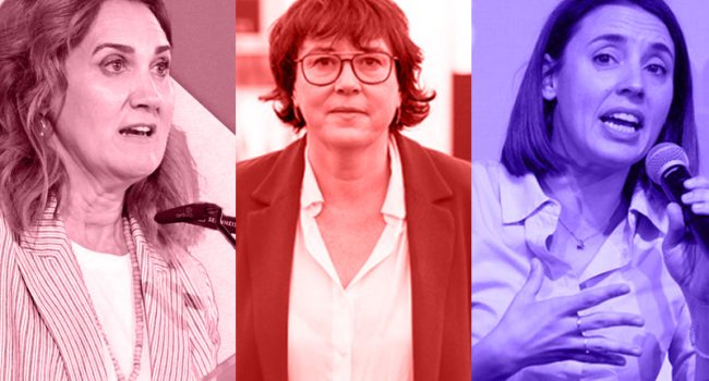 Estrella Galán (Sumar), Diana Riba (Ahora Repúblicas) e Irene Montero (Podemos).