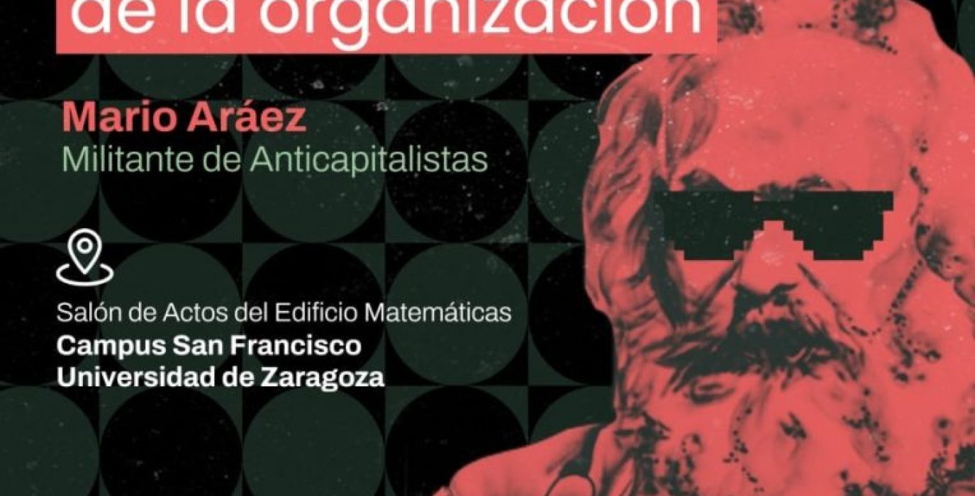 cartel de anticapitalistas con marx de fondo