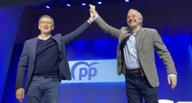 (Archivo) Azcón y Feijóo durante un cónclave del PP celebrado en Zaragoza | Foto: PP