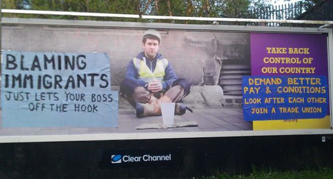 Cartel de UKIP transformado, alentando a reclamar mejor sueldo y sindicalizarse.