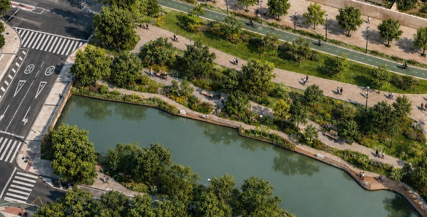 Imagen virtual de la actuación anunciada por el Ayuntamiento de Zaragoza para el entorno del Canal Imperial.