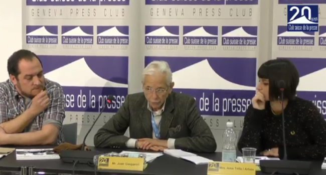 Fernández, Gasparini y Tella durante la conferencia en Ginebra. Foto: @genevapressclub