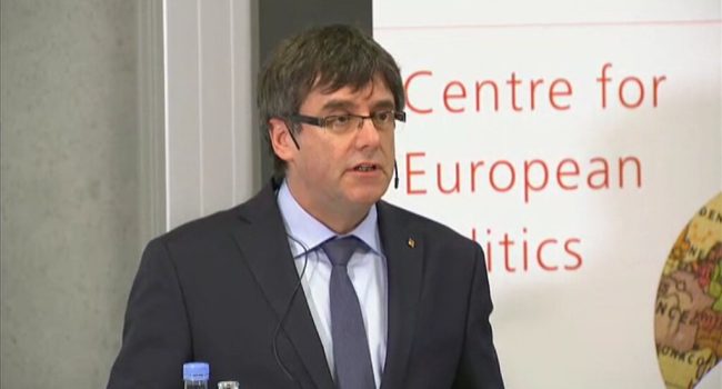 Puigdemont en la conferencia en la Universidad de Copenhague. Foto: JxCat