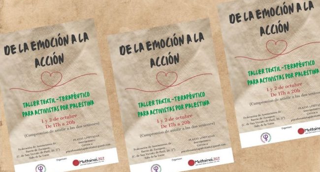 Cartel De la emoción a la acción taller textil-terapéutico por Palestina canva