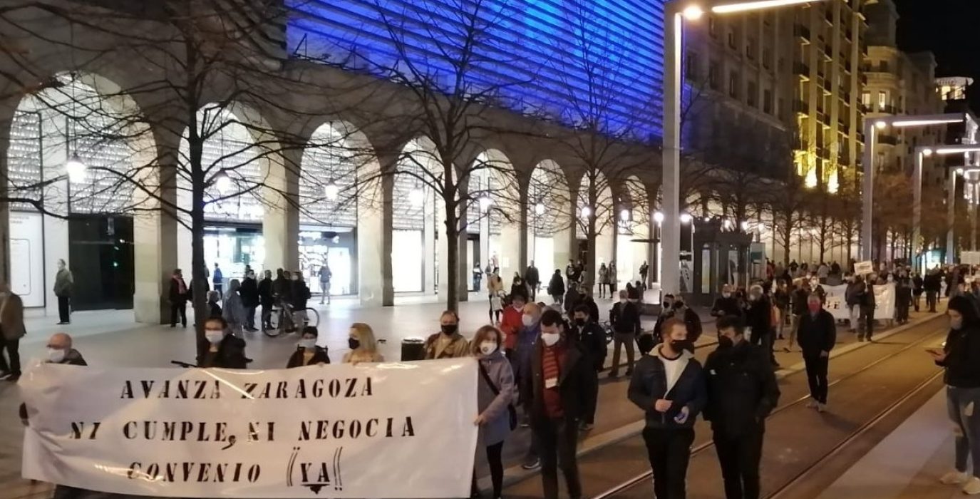 Movilización conjunta de los comités de empresa de Avanza en los autobuses urbanos y tranvía de Zaragoza, el pasado 11 de marzo. Foto: @CutAragon