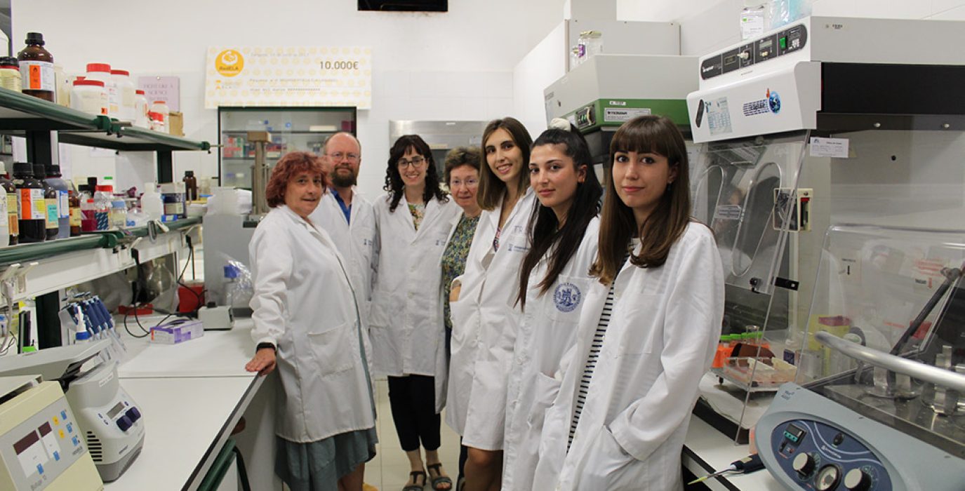 Un grupo de siete científicas en su laboratorio con bata blanca