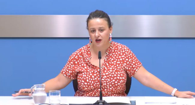 Elena Tomás, portavoz de Zaragoza en Común, durante la comparecencia de este martes.