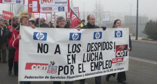 Plantilla de HP Zaragoza en una manifestación contra el ERE. Foto: Comité de empresa de HP Zaragoza