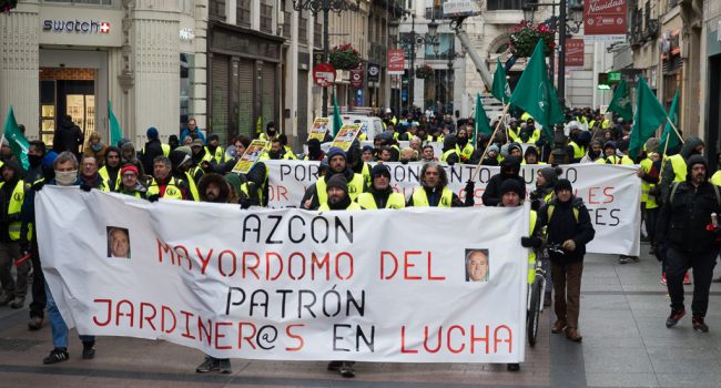 Manifestación de las y los jardineros en el primer día de huelga indefinida. Foto: Pablo Ibáñez (AraInfo)