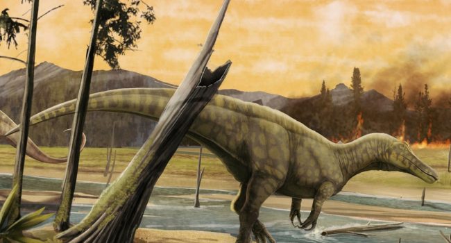 Ilustración de un espinosáurido en los ambientes fluviales del Cretácico Inferior. Adrián Blázquez Riola / Fundación Conjunto Paleontológico de Teruel-Dinópolis