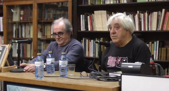 Imatge d'arxiu de l'acte celebrat a la llibrería Taifa el 14 de febrer de 2024, amb Manel Aisa, autor, i Iñaki García, editor | Foto: Ateneu Enciclopèdic Popular