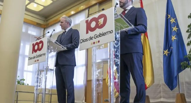 (Archivo) Jorge Azcón y Alejandro Nolasco en el acto por sus primeros 100 días de gobierno | Foto: DGA