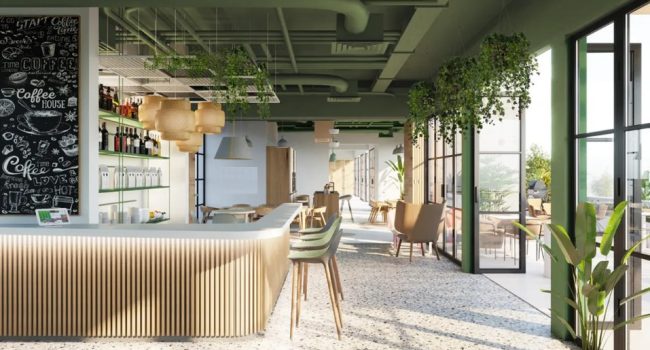 Sala común con ventanas de una vivienda laborativa de la cartuja