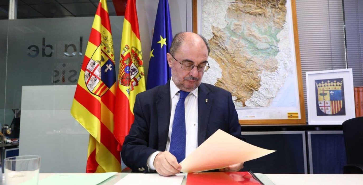 Lambán durante la videoconferencia con Sánchez y los presidentes territoriales de este domingo. Foto: DGA