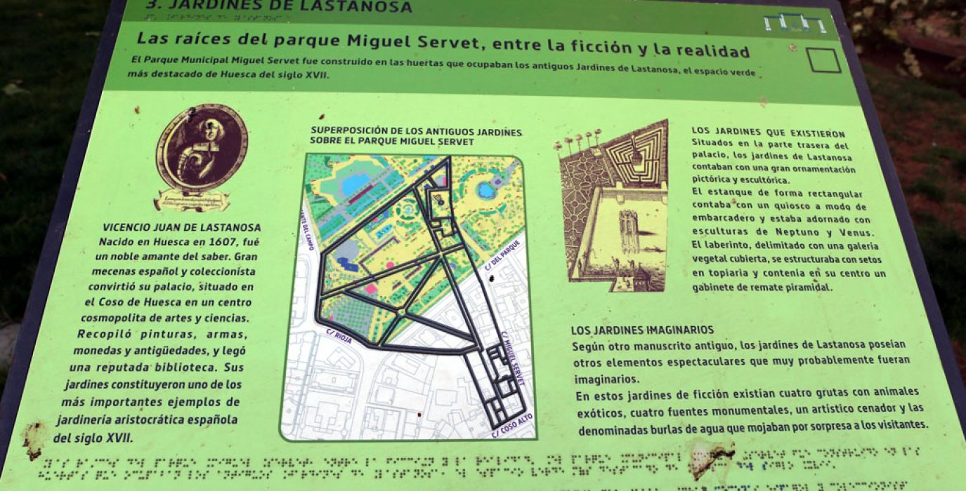 Cartel ubicado en el parque con la superposición de la estructura de los antiguos jardines de Lastanosa y el trazado actual del parque.