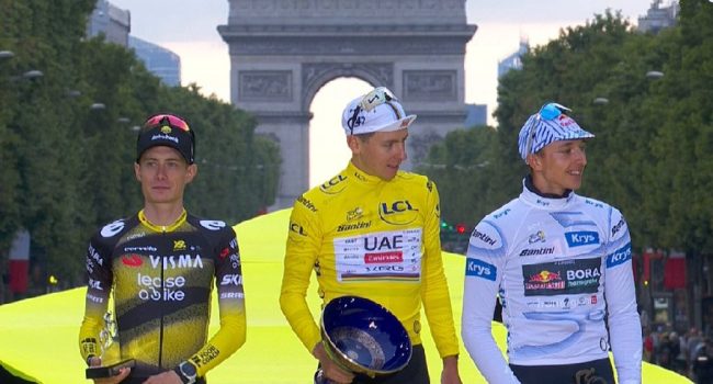 Le Tour de France, podium 2025: Tadej Pogacar, Jonas Vingegaard y Florian Lipowitz | Foto: RTVE