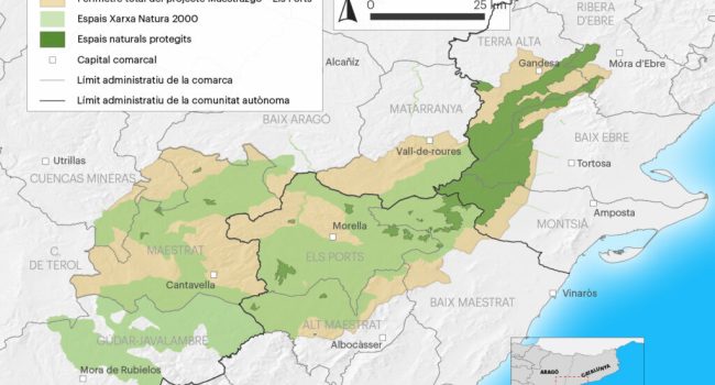El projecte abraça 550.000 hectàrees –un 58% de les quals estan protegides per la Xarxa Natura 2000–, on s’inclouen els parcs naturals de la Tinença de Benifassà i dels Ports, la reserva de la biosfera de les Terres de l’Ebre i reclams culturals de la zona. Mapa: Andreu Blanc