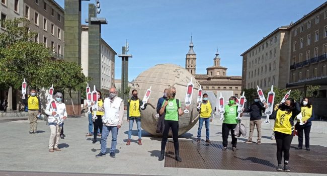 Acción en Zaragoza por la liberalización de las patentes de la vacuna COVID-19. Foto: Ana Baquerizo