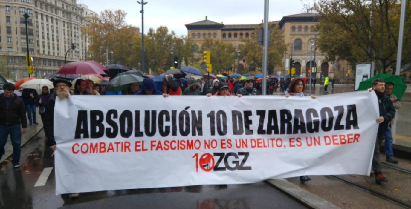 Cabecera de la Manifestación por la Absolución de los 10 de Zaragoza el pasado 20N. Foto: AraInfo.