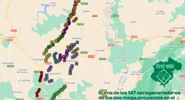 Mapa con la suma de los aerogeneradores de los dos mega proyectos en el Matarraña y el Bajo Aragón | Foto: Teruel Existe