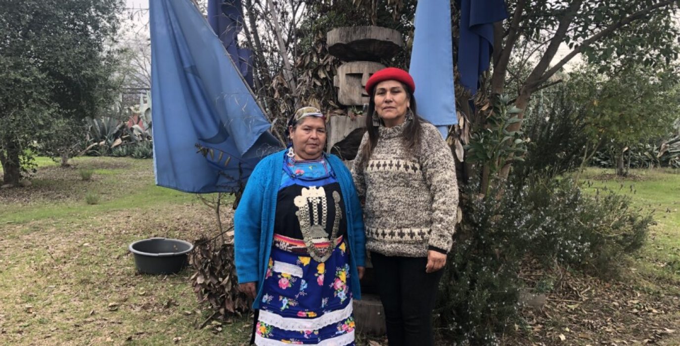 La machi (autoridad espiritual) Isabel Marín, con la típica vestimenta mapuche, junto a María Hueichaqueo, de la Asociación Indígena Mapuche Taiñ Adkimn, en la Facultad de Ciencias Agronómicas de la Universidad de Chile. Aquí, cada sábado atienden en una ruka (casa circular tradicional mapuche) a centenares de miembros de su pueblo y otros chilenos que buscan remedios naturales y tratamientos basados en los conocimientos de la medicina ancestral | Foto: Orlando Milesi / IPS