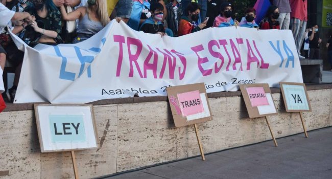 Pancarta en la movilización del Orgullo 2021 de Zaragoza reclamando la Ley Trans estatal. Foto: Berta Comas (AraInfo)