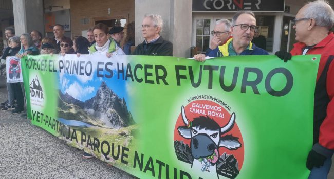 La PDMA se concentra a las puertas de la sede de las Cortes donde se debate la declaración del Parque Natural Anayet | Foto: @PDMAAragon
