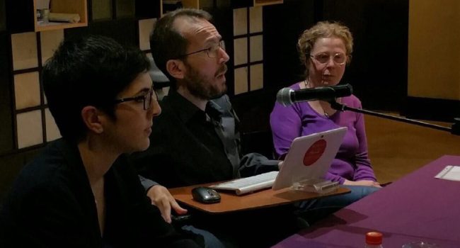 Violeta Barba, Pablo Echenique y Pilar Suárez durante un acto en Calatayud.
