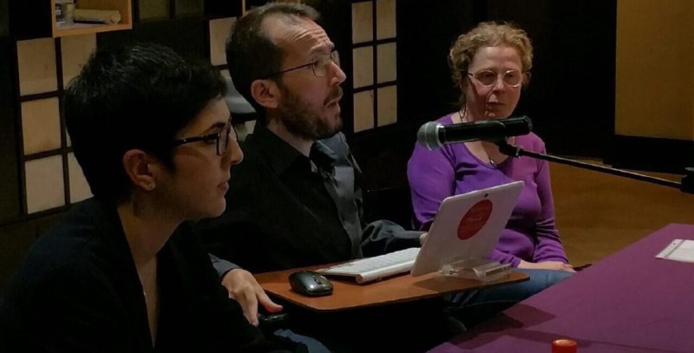 Violeta Barba, Pablo Echenique y Pilar Suárez durante un acto en Calatayud.